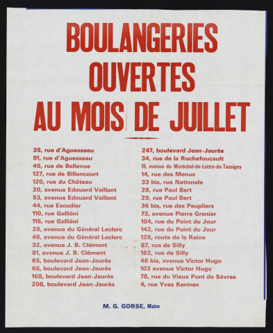 Boulangeries ouvertes au mois de juillet,