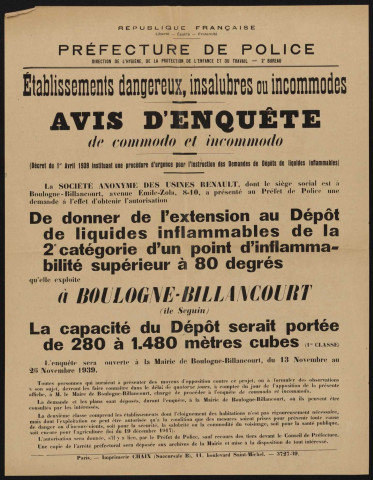 Avis d'enquête de commodo et incommodo : Ile Seguin, Société anonyme des Usines Renault : extension au dépôt de liquides inflammables