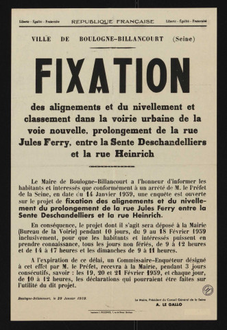 Fixation des alignements et du nivellement et classement dans la voirie urbaine de la voie nouvelle, prolongement de la rue Jules-Ferry, entre la Sente Deschandelliers et la rue Heinrich ê,