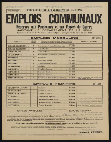 Emplois communaux réservés aux pensionnés et aux veuves de guerre habitant le département de la Seine, Recrutement à Boulogne-Billancourt d'un conducteur d'automobiles (tourisme) et d'un aide-plombier.