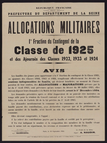 Allocations militaires : 1re fraction du contingent de la classe 1925 et ajournés des classes 1922, 1923 et 1924,