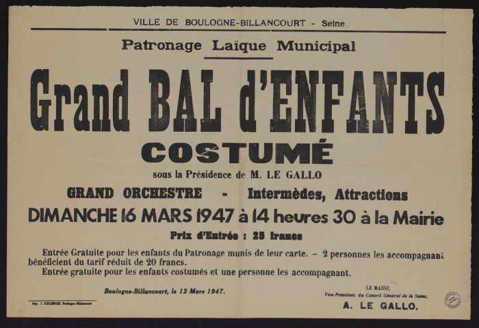 Patronage laïque municipal : grand bal d'enfants costumé,