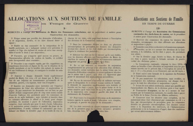 Allocations aux soutiens de famille en temps de guerre : mémento à l'usage des secrétaires de mairie,