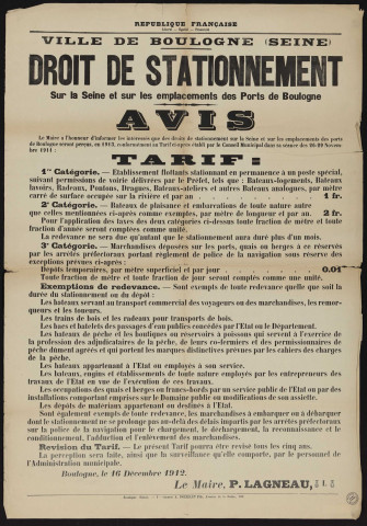 Etablissement de droits de stationnement sur la Seine et de dépôts sur les ports au territoire de la commune de Boulogne,