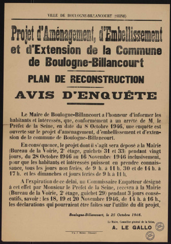 Projet d'aménagement, d'embellissement et d'extension de la commune de Boulogne-Billancourt : plan de reconstruction, avis d'enquête,