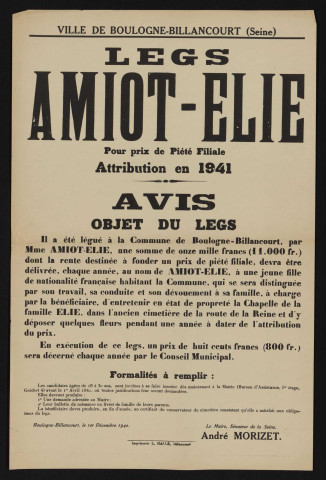 Legs Amiot-Elie pour prix de piété filiale : attribution en 1941,