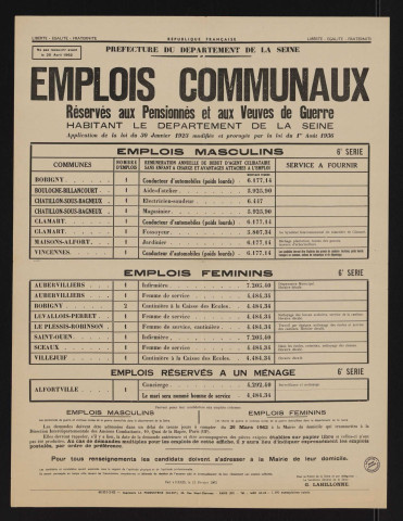 Emplois communaux réservés aux pensionnés et aux veuves de guerre habitant le département de la Seine, Recrutement à Boulogne-Billancourt d'un aide-d'atelier.