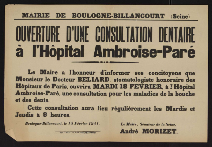 Ouverture d'une consultation dentaire à l'hôpital Ambroise-Paré],