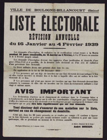 Liste électorale : révision annuelle du 16 janvier au 4 février 1939,