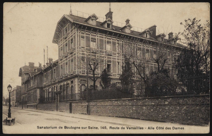 Sanatorium de Boulogne-sur-Seine, 145 route de Versailles, aile côté des Dames, Boulogne-Billancourt . rue Yves Kermen . - hôpital Ambroise Paré - Vue oblique droite d'une partie des bâtiments : aile côté des dames