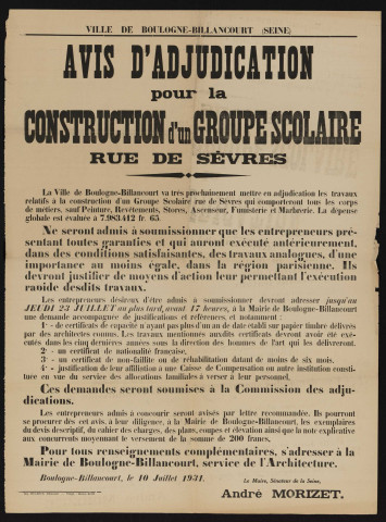 Avis d'adjudication pour la construction d'un groupe scolaire rue de Sèvres,