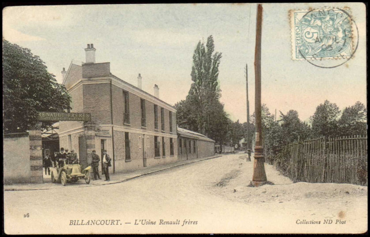 Billancourt - L'Usine Renault Frères, Boulogne-Billancourt . place Jules Guesde . - Usine Renault, entrée principaleA gauche, une voiture sort de l'entrée principale de l'usine Renault Frères. A droite, la rue du Point-du-Jour