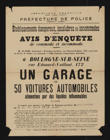 Avis d'enquête de commodo et incommodo : rue Edouard-Vaillant 172, M. Claude : garage de 50 voitures automobiles alimentées par des liquides inflammables.