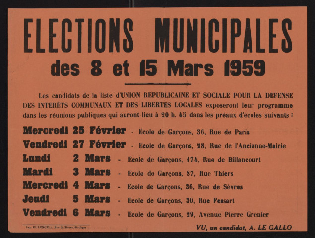 Élections municipales des 8 et 15 mars 1959 ééééêé,