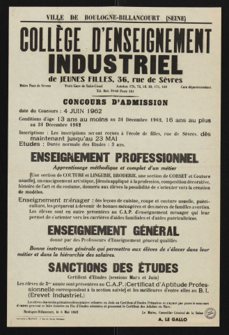 Collège d'enseignement industriel de jeunes filles, 36 rue de Sèvres : [concours d'admission],