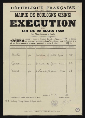 Exécution de la loi du mars 1882 infraction à la loi sur l'enseignement primaire pendant le mois d'avril 1913,