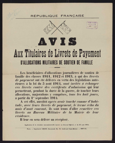 Avis aux titulaires de livrets de payement d'allocations militaires de soutien de famille,