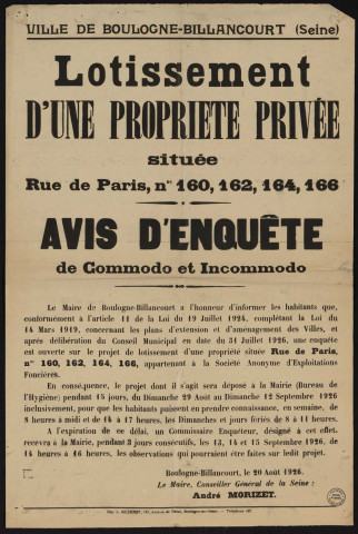 Lotissement d'une propriété privée située rue de Paris numéros 160, 162, 164 et 166 : avis d'enquête de commodo et incommodo,