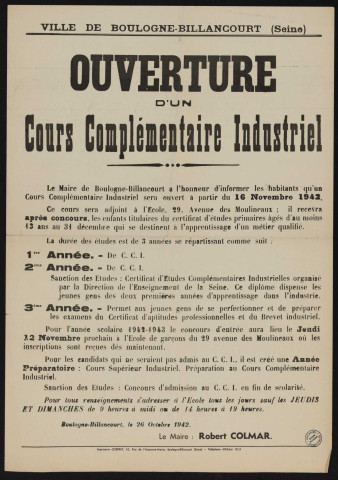 Ouverture d'un cours complémentaire industriel,