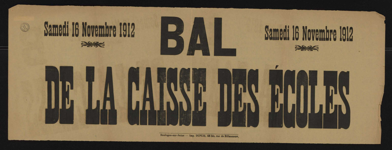 Bal de la caisse des écoles samedi 16 novembre 1912,