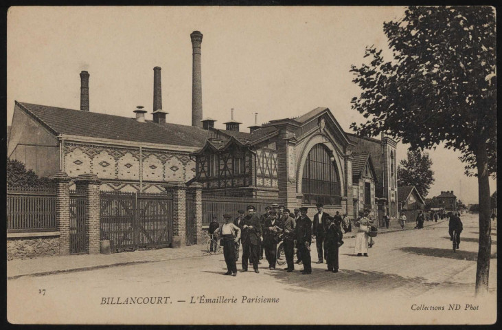 17 - Billancourt - L'Emaillerie Parisienne, Boulogne-Billancourt . quai du Point-du-Jour . - perspectiveAu premier plan, ouvriers devant la façade de l'émaillerie parisienne