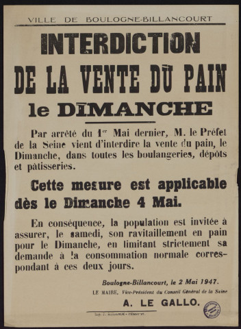 Interdiction de la vente du pain le dimanche,