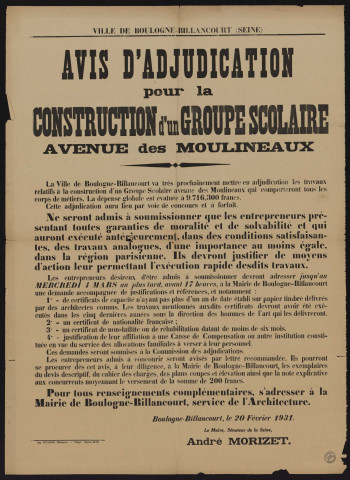 Avis d'adjudication pour la construction d'un groupe scolaire avenue des Moulineaux,