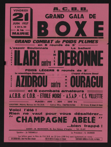 Grand gala de boxe, Jacques Ilari (ACBB) contre Emile Debonne (poids plumes) ; Xavier Azidrou (ACBB) contre Ahed Ouragui