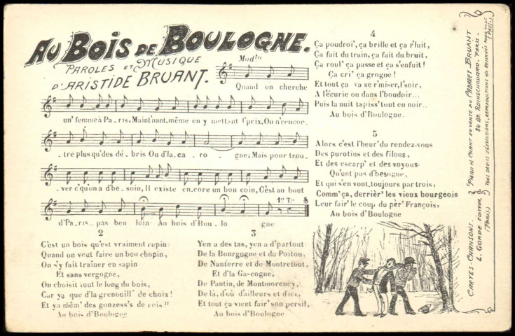 "Au Bois de Boulogne", chanson d'Aristide Bruant, paroles et partition de la chanson "Au Bois de Boulogne" d'Aristide Bruant et petite lithographie en bas à droite