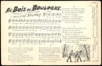 "Au Bois de Boulogne", chanson d'Aristide Bruant, paroles et partition de la chanson "Au Bois de Boulogne" d'Aristide Bruant et petite lithographie en bas à droite