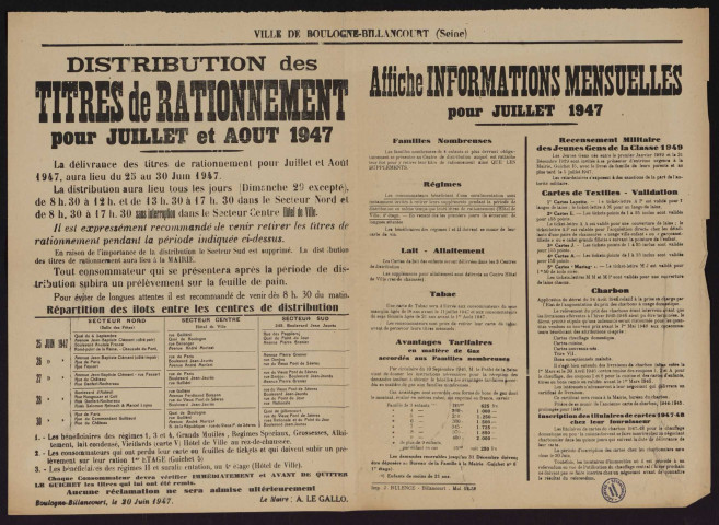 Distribution des titres de rationnement pour juillet et août 1947 ; informations mensuelles pour juillet 1947,