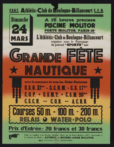 Grande fête nautique dimanche 24 mars à 15 heures précises piscine Molitor,