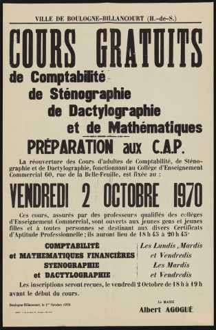 Cours gratuits de comptabilité, de sténographie, de dactylographie et de mathématiques, préparation aux CAP éè,