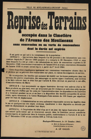 Reprise des terrains occupés dans le cimetière de l'avenue des Moulineaux sans concessions ou en vertu de concessions dont la durée est expirée,