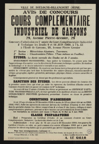 Cours complémentaire industriel de garçons, 29 avenue Pierre-Grenier ,