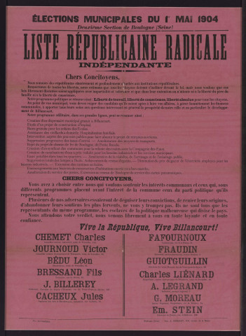 Élections municipales du 1er mai 1904 : liste républicaine radicale indépendante,