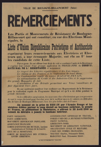 Remerciements [de la liste d'Union républicaine, patriotique et antifasciste suite aux Élections],