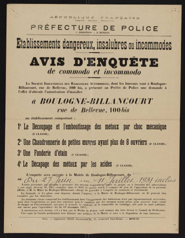 Avis d'enquête de commodo et incommodo : rue de Bellevue 100bis, Société industrielle des radiateurs automobiles : installation d'un établissement de découpage et emboutissage des métaux à froid par choc mécanique, d'une chaudronnerie de petites oeuvres ayant plus de 8 ouvriers, d'une fonderie d'étain et de décapage des métaux par les acides.