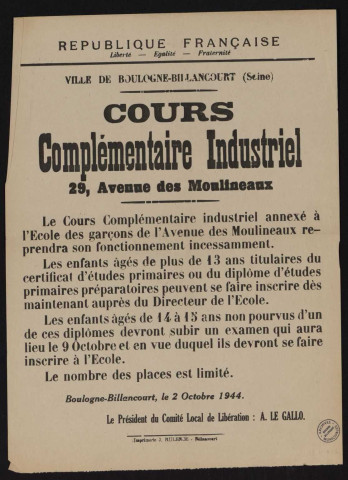 Cours complémentaire industriel 29 avenue des Moulineaux é,