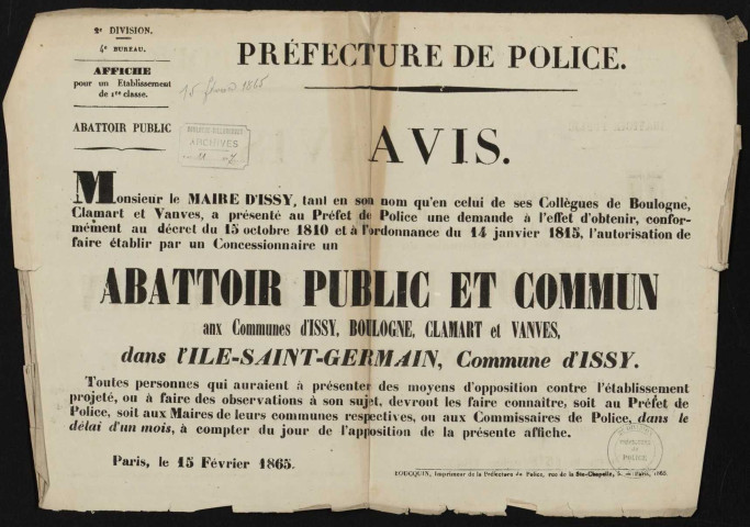 Avis [d'établissement d'un] abattoir public et commun aux communes d'Issy, Boulogne, Clamart et Vanves,