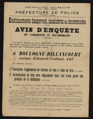 Avis d'enquête de commodo et incommodo : avenue Edouard-Vaillant 167, Société anonyme des Usines Renault : installation d'industrie de fabrication d'agglomérés de charbon de bois à l'aide de brai et de carbonisation du bois.