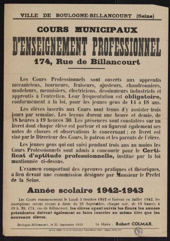 Cours municipaux d'enseignement professionnel 174 rue de Billancourt,