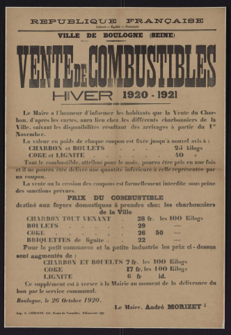 Vente de combustibles, hiver 1920-1921,