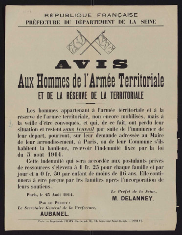 Avis aux hommes de l'armée territoriale et de la réserve de la territoriale [au sujet d'une indemnité de de travail],