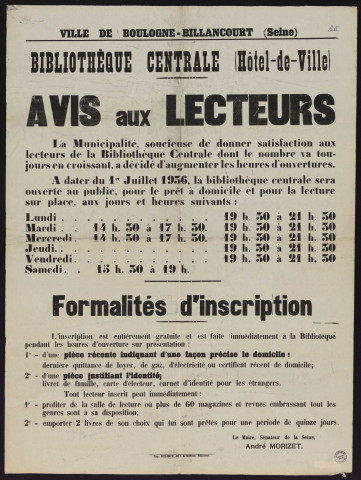 Bibliothèque centrale (Hôtel-de-ville) : avis aux lecteurs ; formalités d'inscription,