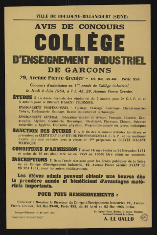 Collège d'enseignement industriel de garçons, 29 avenue Pierre-Grenier : avis de concours [d'admission],