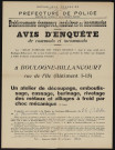 Avis d'enquête de commodo et incommodo : rue de l'Ile (bâtiment I15), Société anonyme des Usines Renault : installation d'un atelier de découpage, emboutissage, cassage burinage, rivetage des métaux et alliages à froid par choc mécanique.