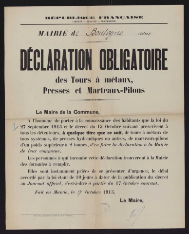 Déclaration obligatoire des tours à métaux, presses et marteaux-pilons,