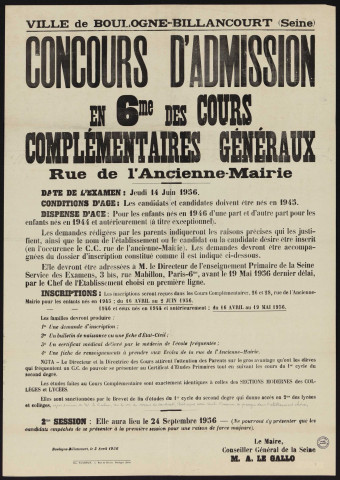 Concours d'admission en 6me des cours complémentaires généraux rue de l'Ancienne-Mairie,