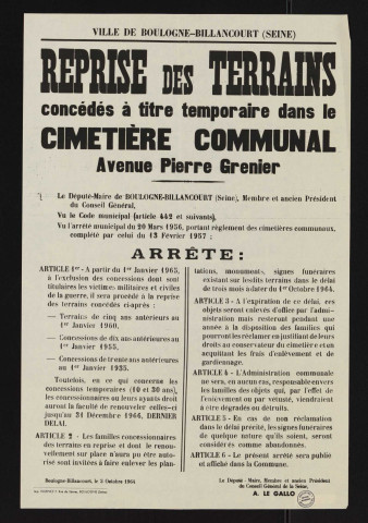 Reprise des terrains concédés à titre temporaire dans le cimetière communal avenue Pierre-Grenier,